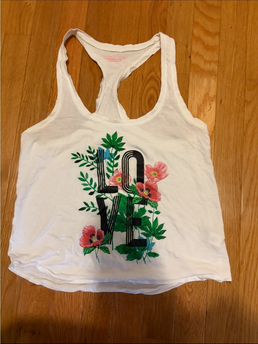 Victoria's Secret White Tank Top with Floral "LOVE" Graphic